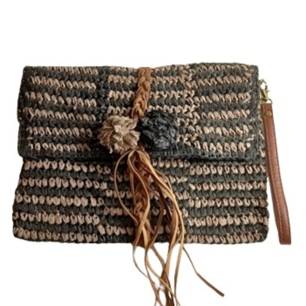 Handbag Republic Womens Straw Clutch Bag Black Tan New